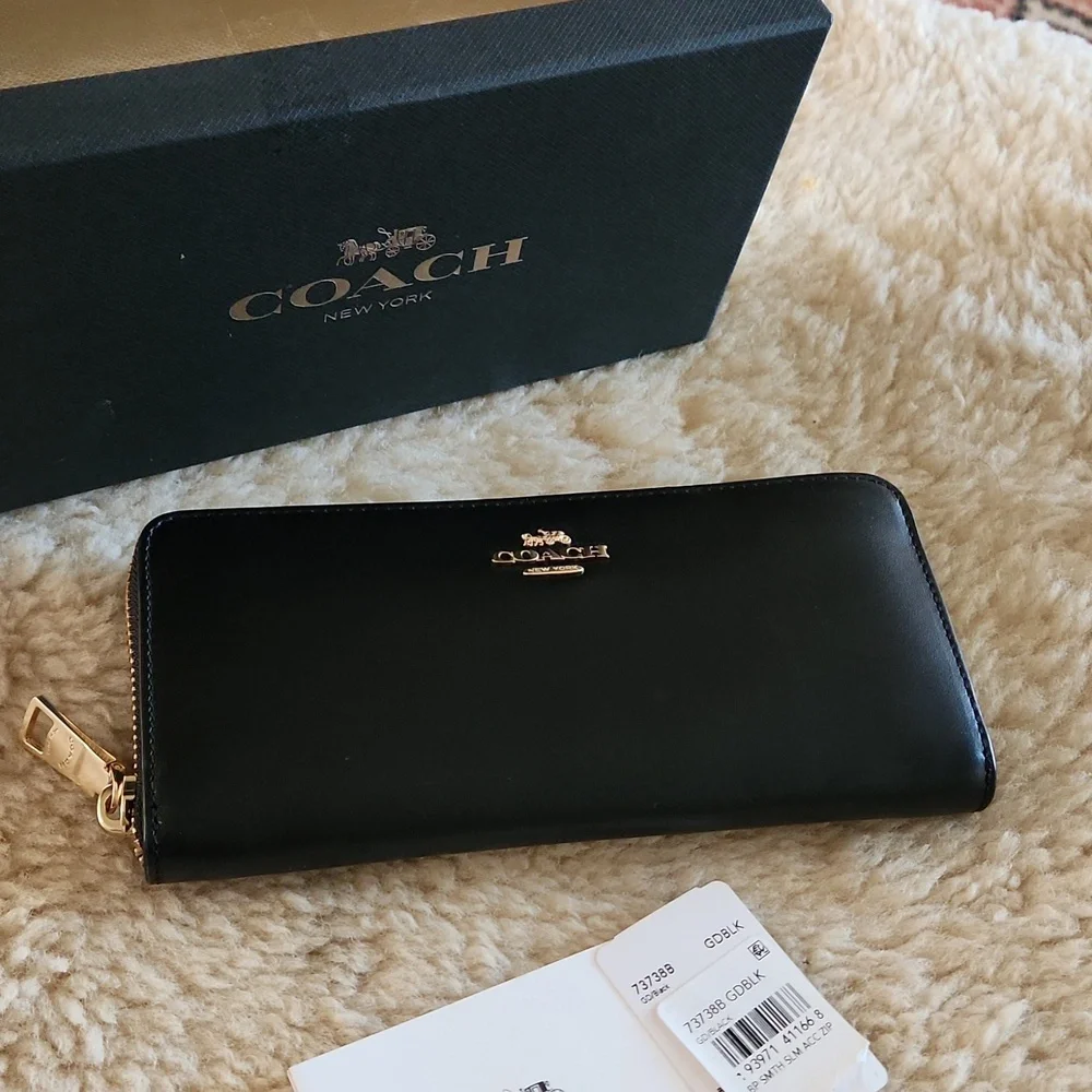 NWT IOB Coach Black Smooth Leather Slim Accordian Zippered Wallet 🖤💛🎁 - Picture 2 of 16